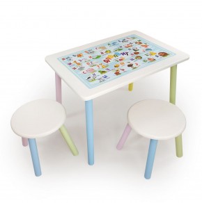 Детский комплект стол и два табурета круглых с накладкой Алфавит (Белый, Белый, Цветной) в Белоярском - beloyarskiy.mebel-74.com | фото